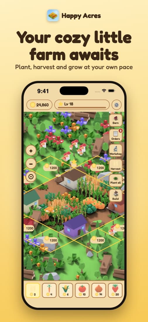 A cozy 3D farm full of crops