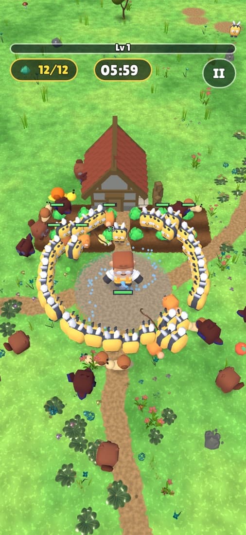 Farmer Joe fighting off a swarm of pests on the farm